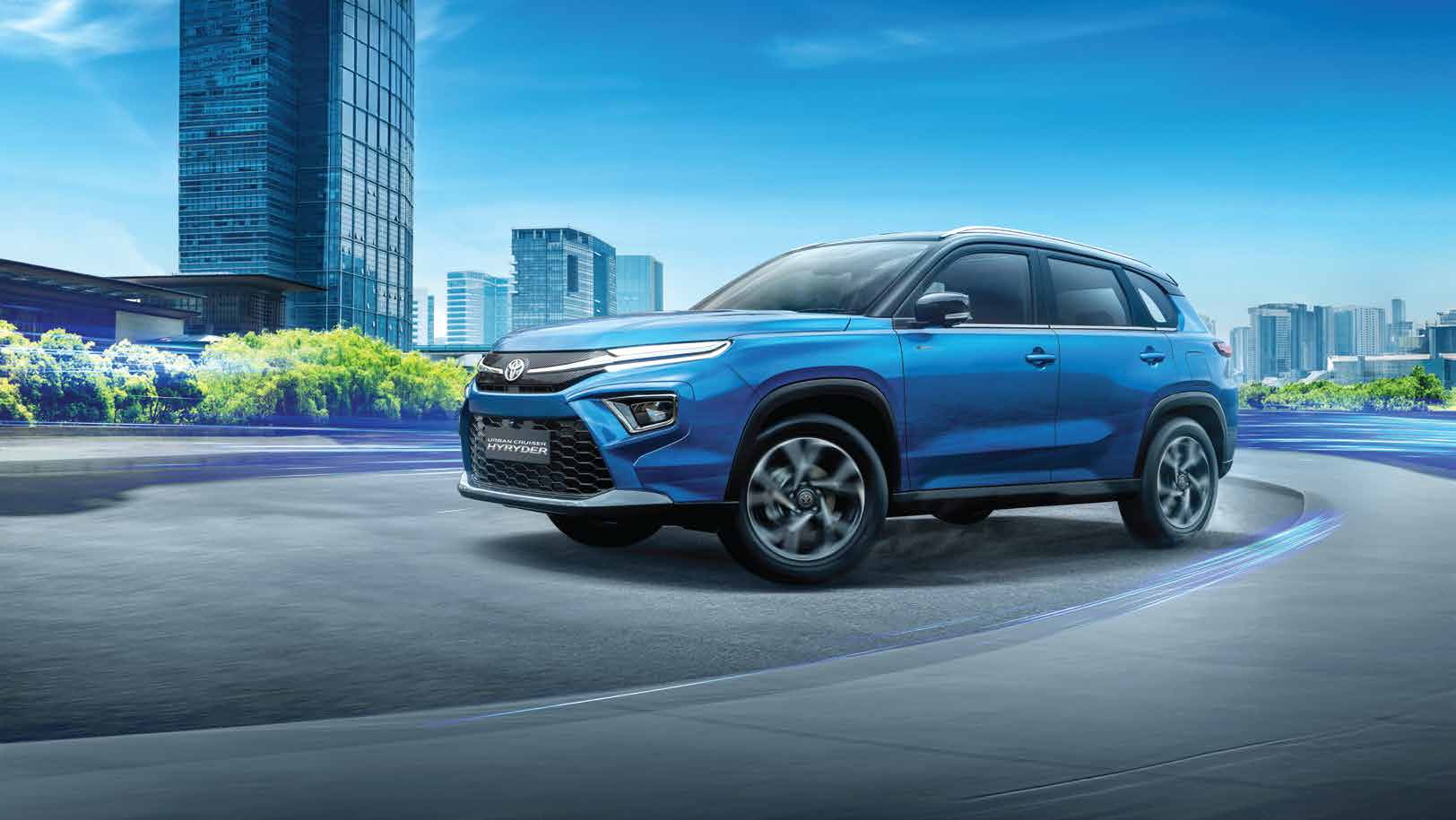 Toyota Urban Cruiser Hyryder — Front three-quarter profile with LED headlamps and honeycomb front grille