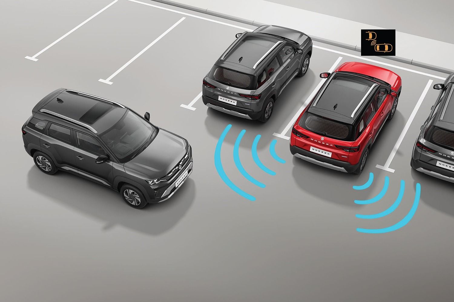 Maruti Suzuki Brezza — Rear Cross Traffic Alert warns of approaching vehicles while reversing out.