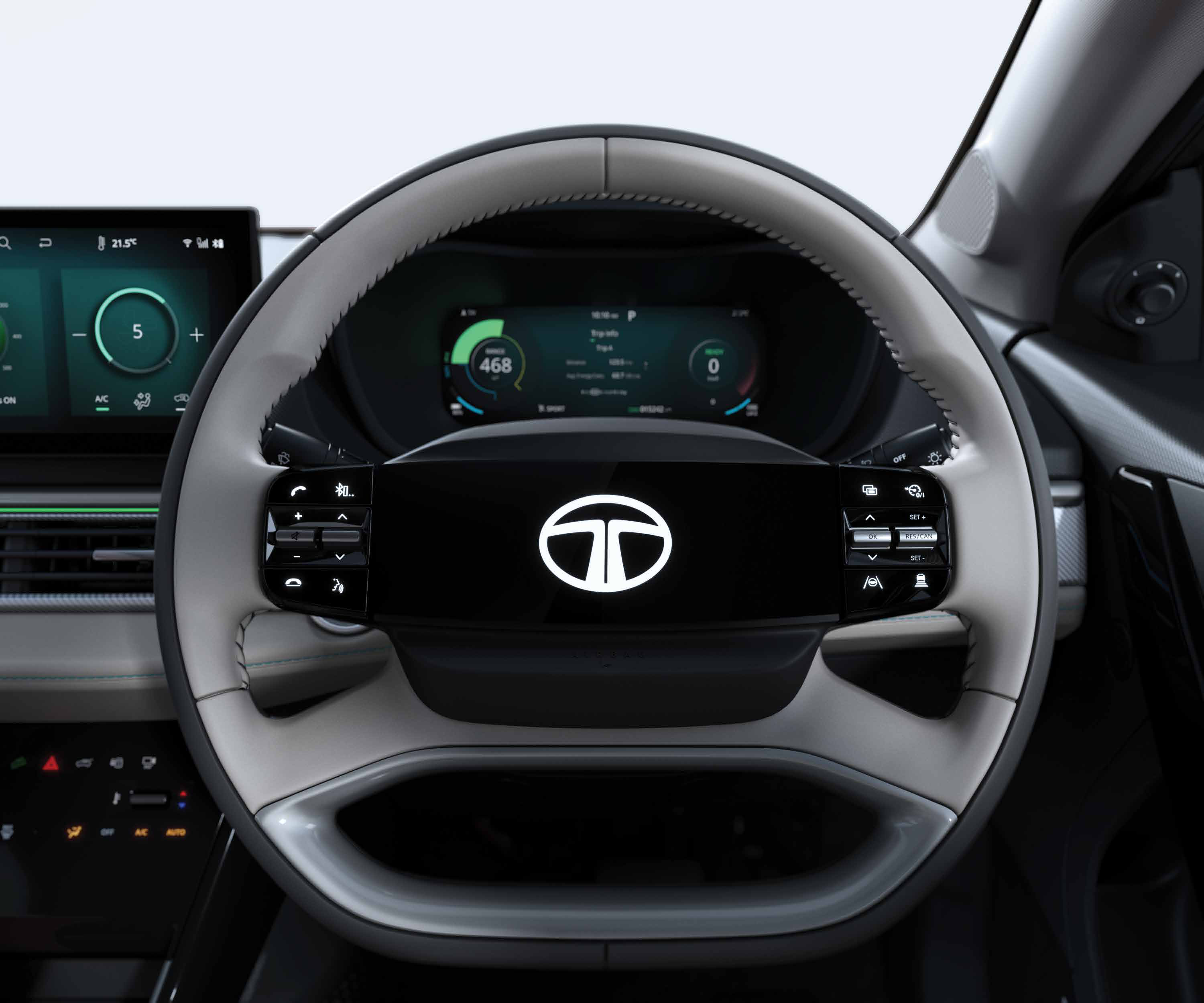 Tata Curvv EV — Smart digital steering wheel with illuminated logo and integrated touch controls
