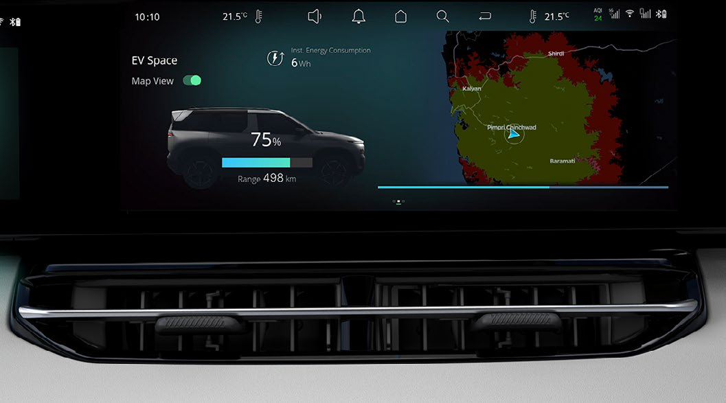 Tata Sierra EV — In-built MAPPLS navigation with EV Space map view plots real-time reachable range