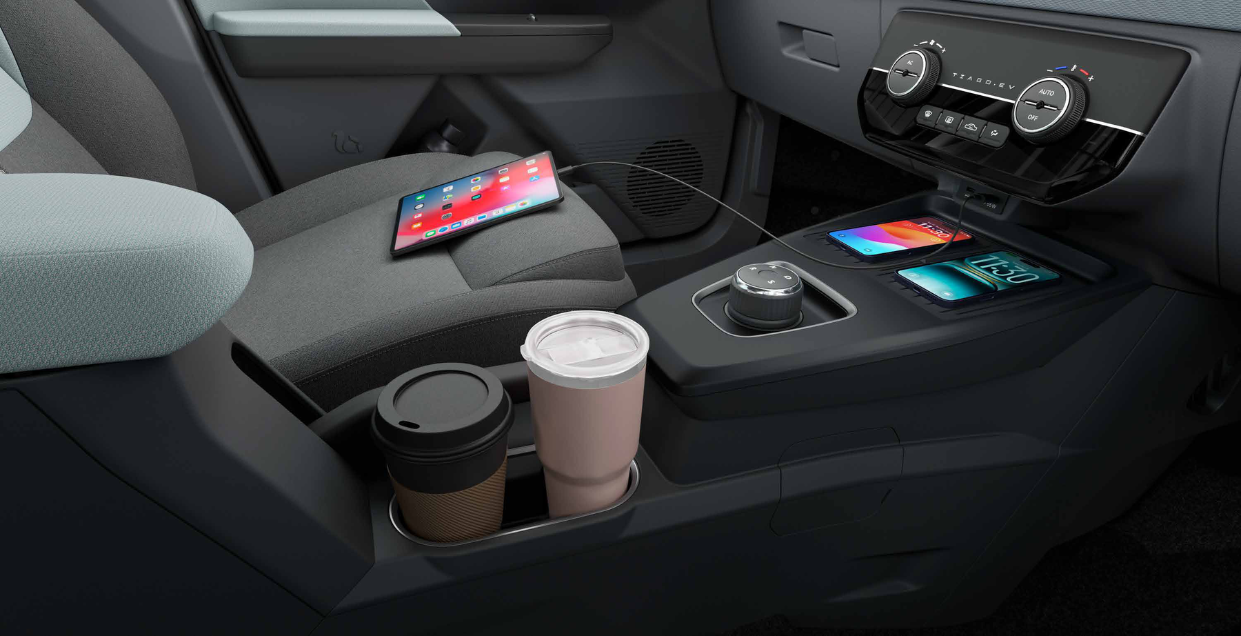 Tata Tiago EV — Dual smartphone deck keeps both devices placed and powered
