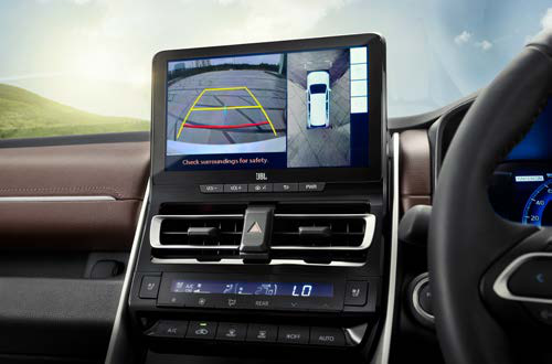Toyota Innova Hycross — 360-degree camera view with parking guidelines on the touchscreen