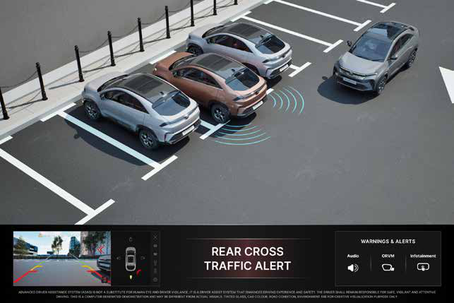 Tata Curvv — Rear Cross Traffic Alert detects vehicles approaching from behind while reversing out of parking.