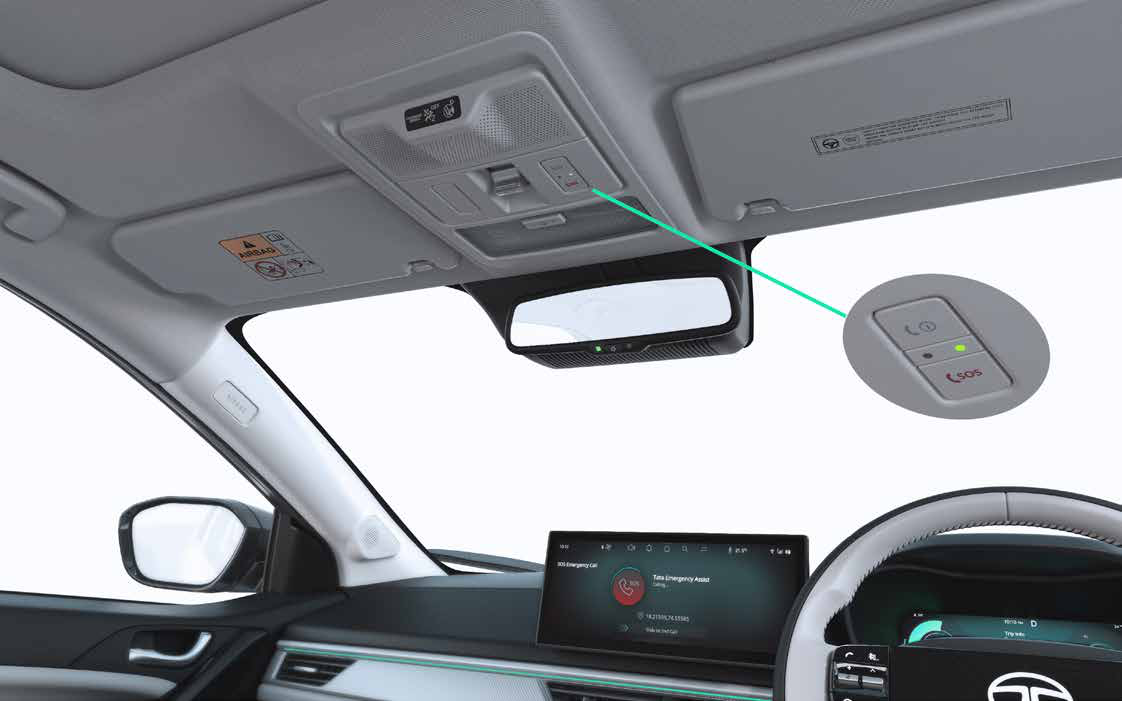Tata Curvv EV — SOS call function on the overhead console for immediate emergency assistance