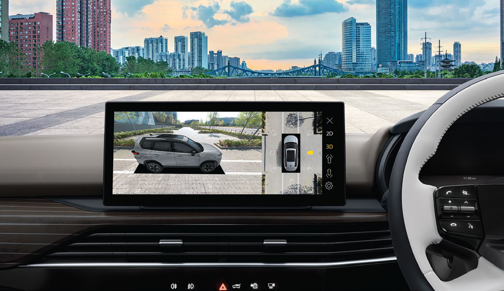 Tata Safari — 360-degree surround view system with 2D/3D views on the infotainment screen