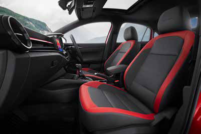 Skoda Slavia — Monte Carlo ventilated front seats in black leatherette with red inserts.