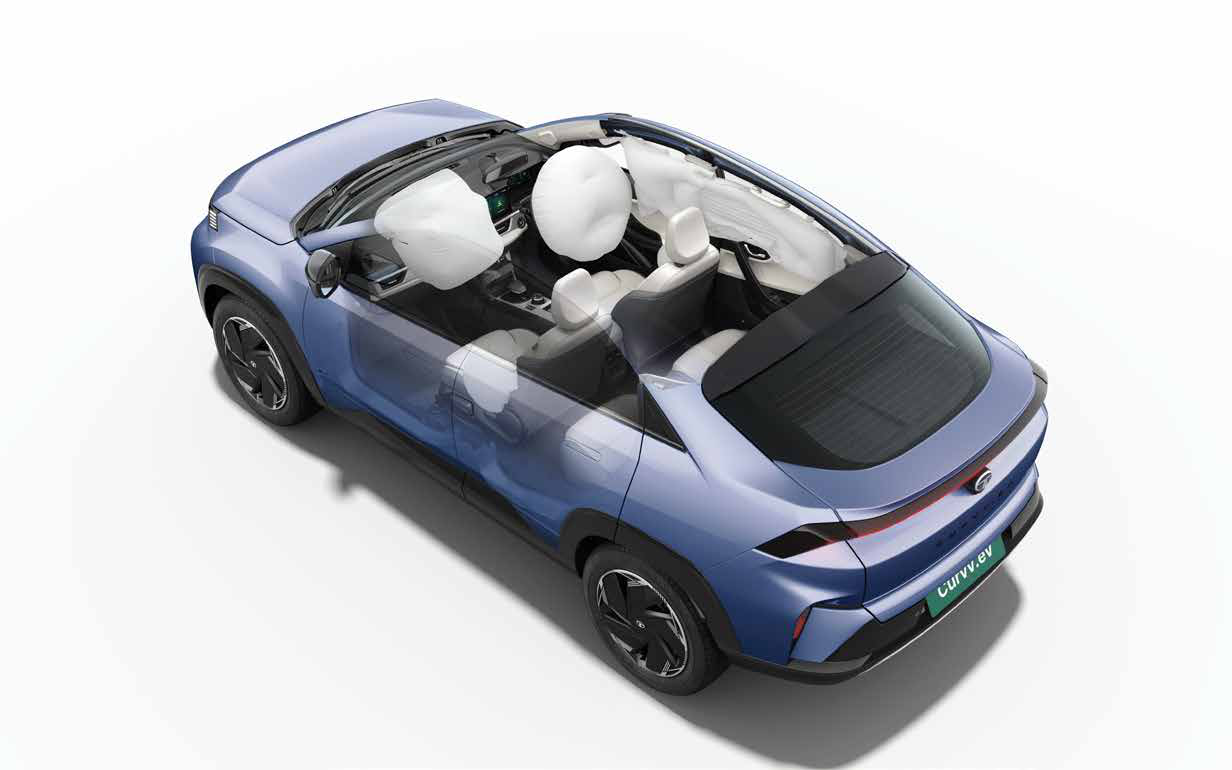 Tata Curvv EV — 6 airbags - dual front, side and curtain - shown deployed in cutaway view