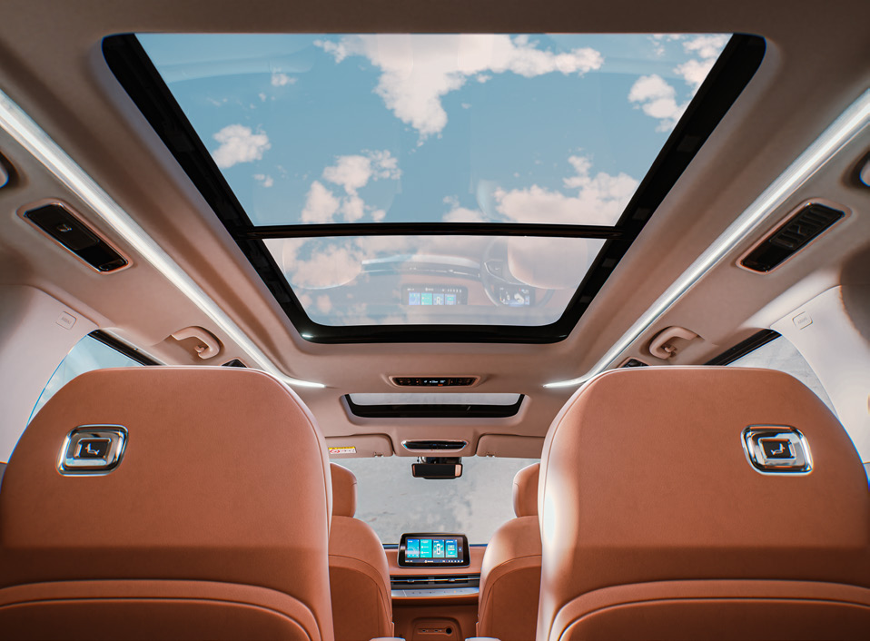 MG M9 — Panoramic glass sunroof viewed from inside the cabin.