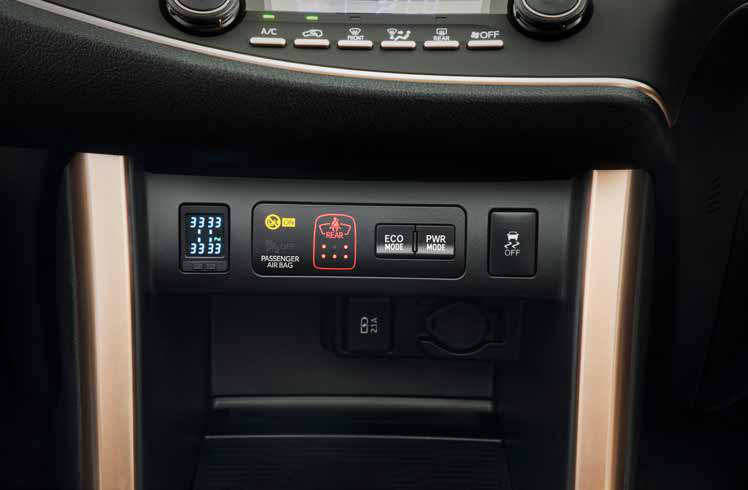 Toyota Innova Crysta — ECO and POWER drive modes with passenger-airbag cut-off switch