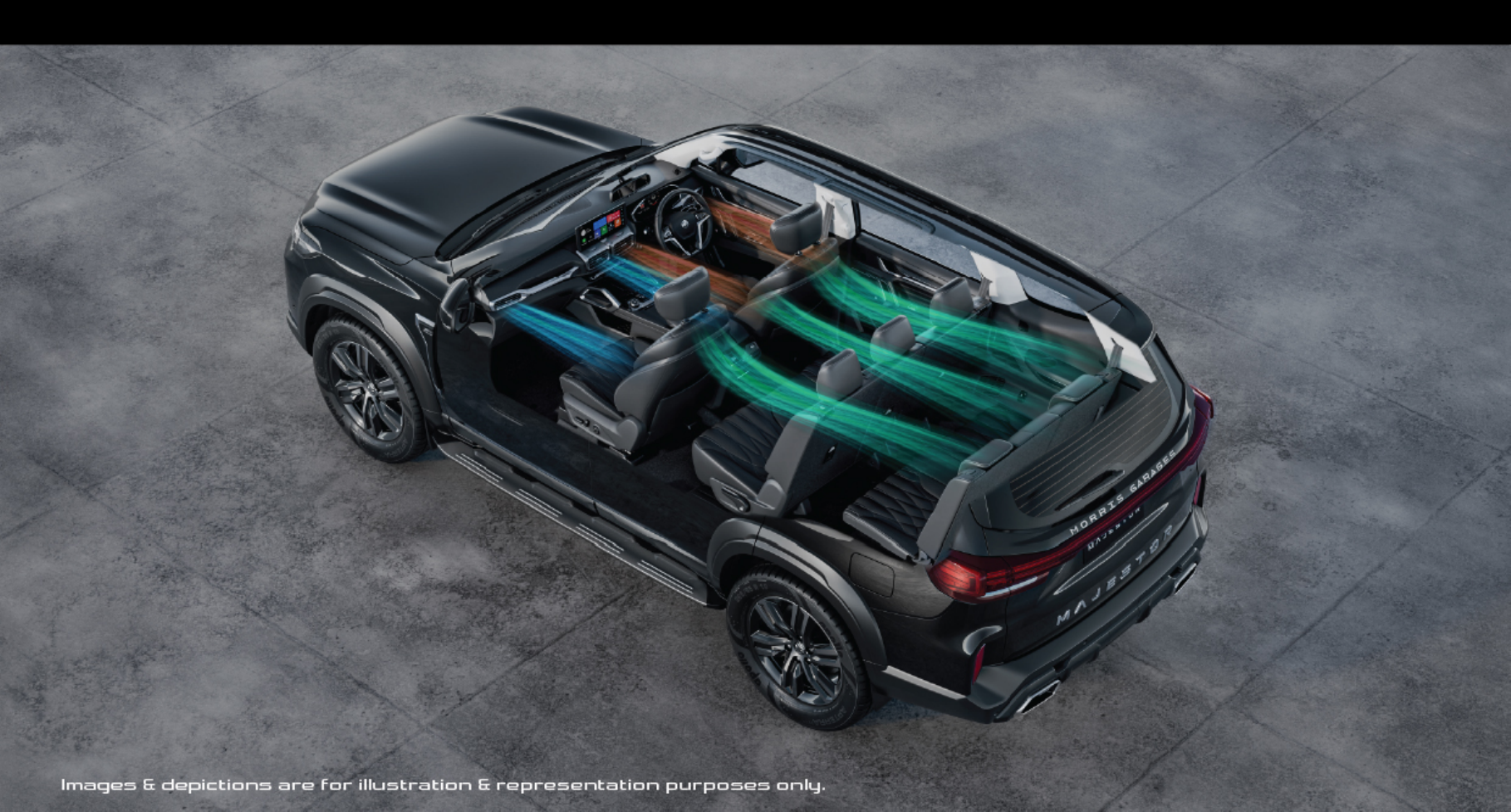 MG Majestor — Cutaway showing 3-zone automatic climate control airflow across all rows
