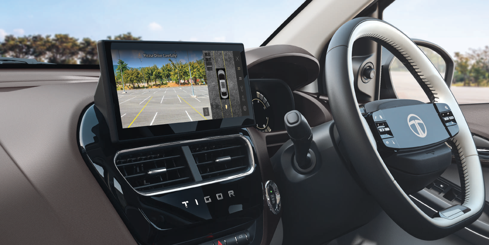 Tata Tigor — 360-degree Surround View System (SVS) camera display on the touchscreen