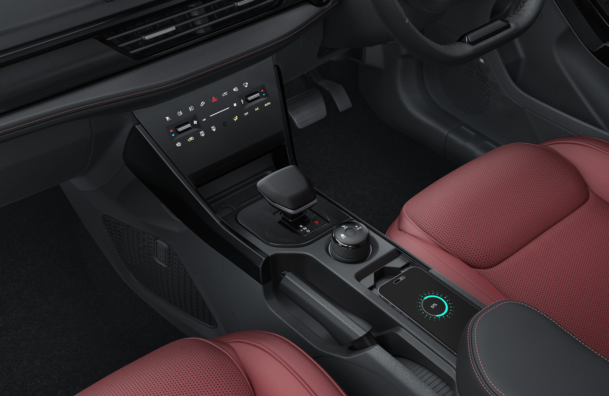 Tata Nexon — Wireless smartphone charger in the centre console, beside the monostable shifter and drive-mode dial