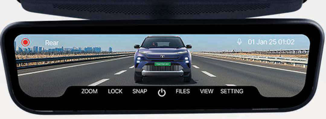 Tata Harrier EV — HD digital rear-view mirror gives a full, clear view behind and records every drive