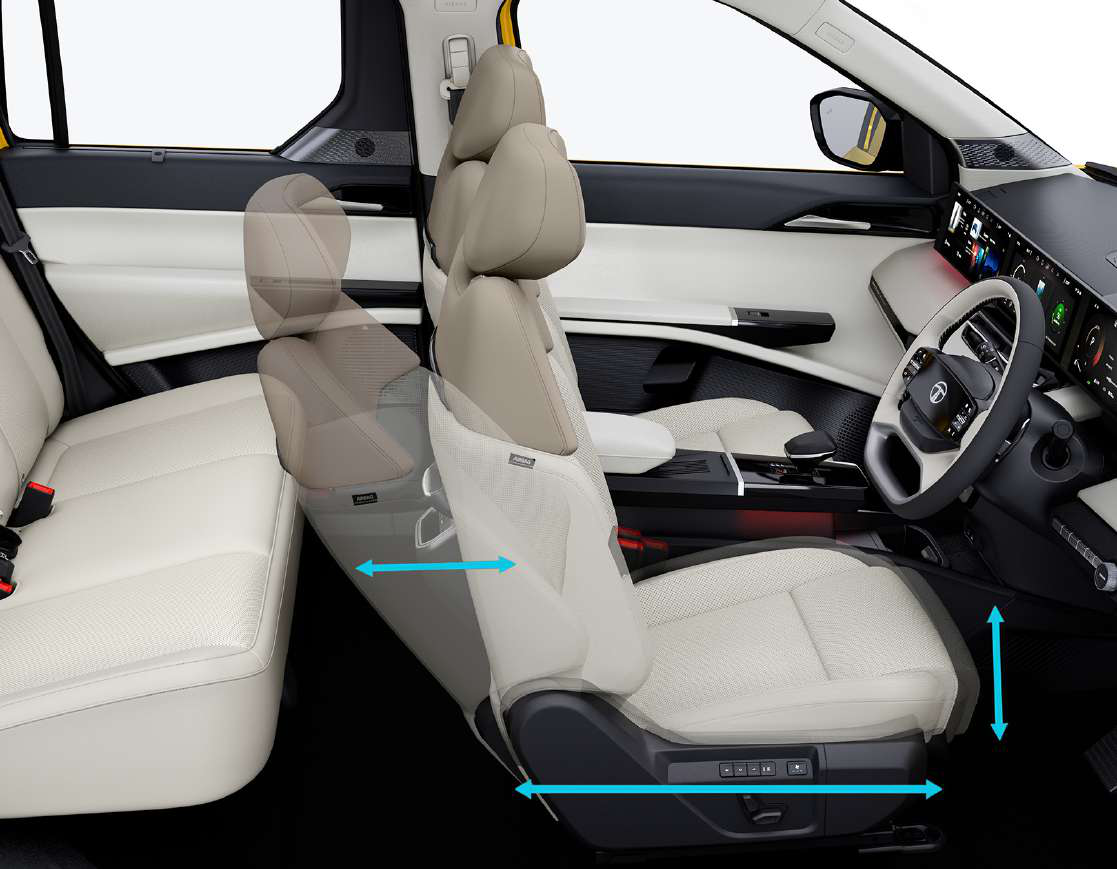 Tata Sierra — 6-way powered driver seat with memory & welcome function, plus Boss Mode co-driver seat slide for rear-seat space