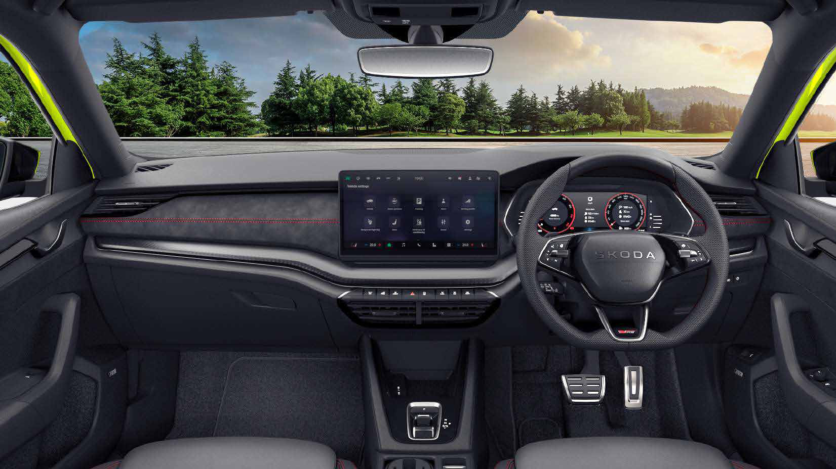 Skoda Octavia RS — Driver-focused RS cockpit with Suedia dashboard pad and red contrast stitching.