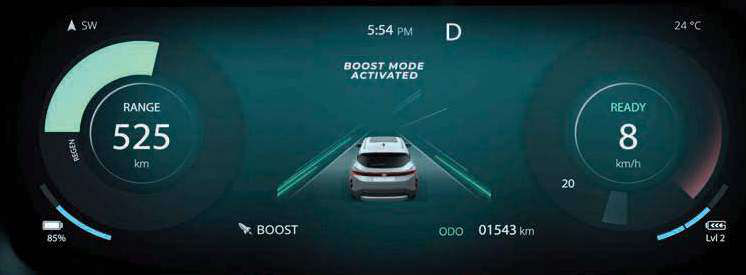 Tata Harrier EV — Boost Mode engaged on the digital cluster - a burst of torque takes the Harrier.ev from 0 to 100 km/h in 6.3 seconds