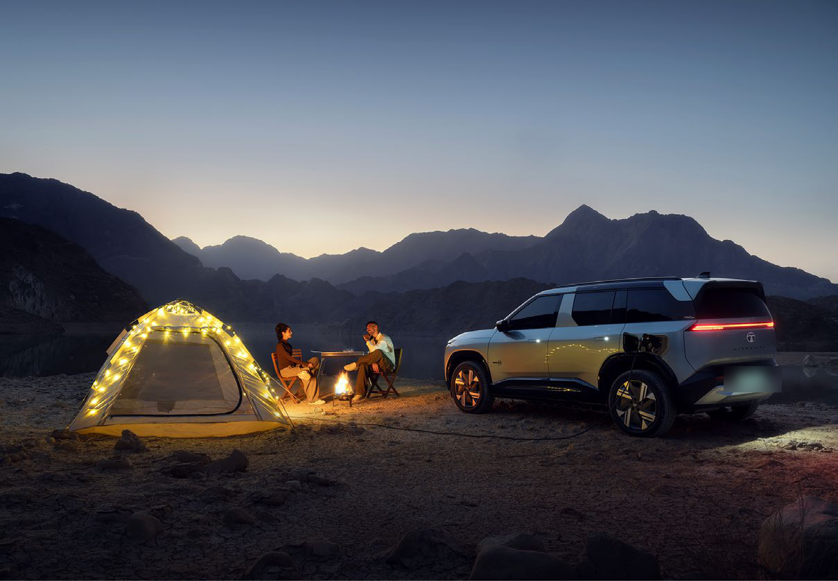 Tata Sierra EV — Vehicle-to-Load (V2L) powers campsite lighting and appliances directly from the car outdoors