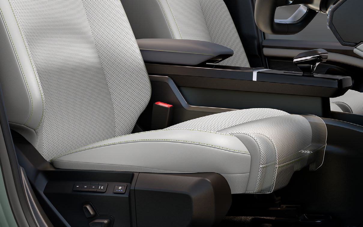Tata Sierra EV — Front-seat thigh support extender adjusts for under-thigh comfort on long drives