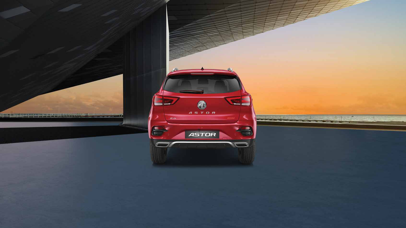 MG Astor — Rear profile with LED tail lamps and silver-finish rear bumper skid plate.