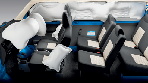 Maruti Suzuki Eeco — Up to six airbags — dual front, side and curtain — shown deployed.