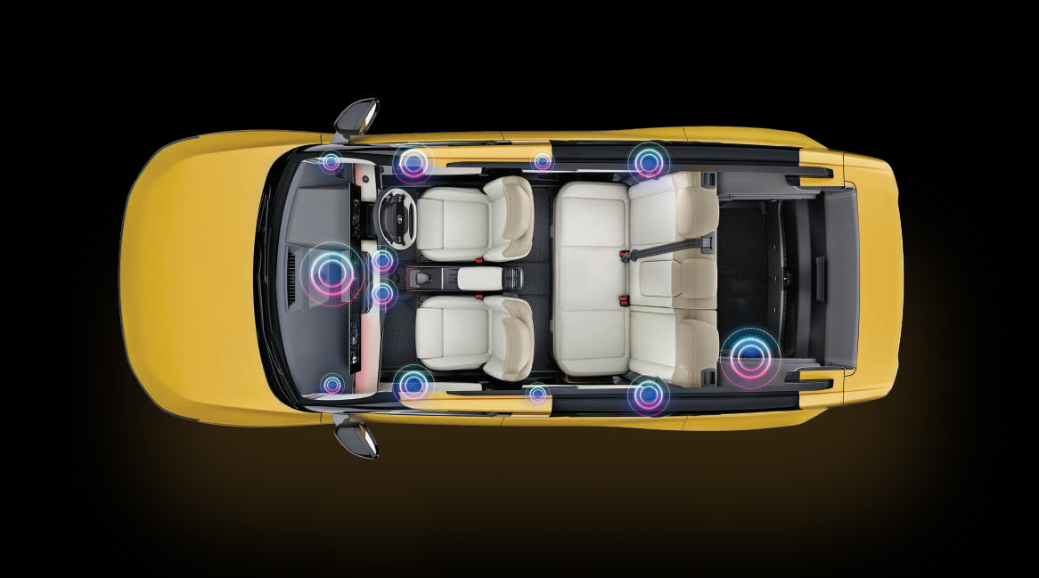 Tata Sierra — JBL Black 12-speaker system with Dolby Atmos - speaker placement across the cabin