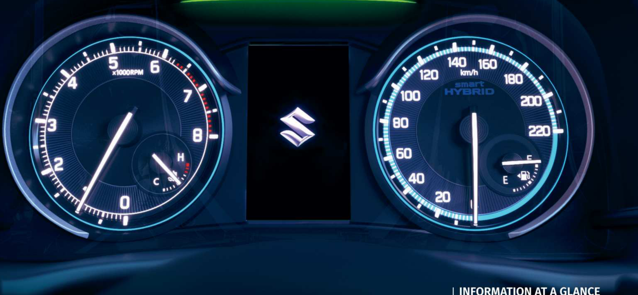 Maruti Suzuki XL6 — Analogue tachometer and speedometer flanking a central multi-information display