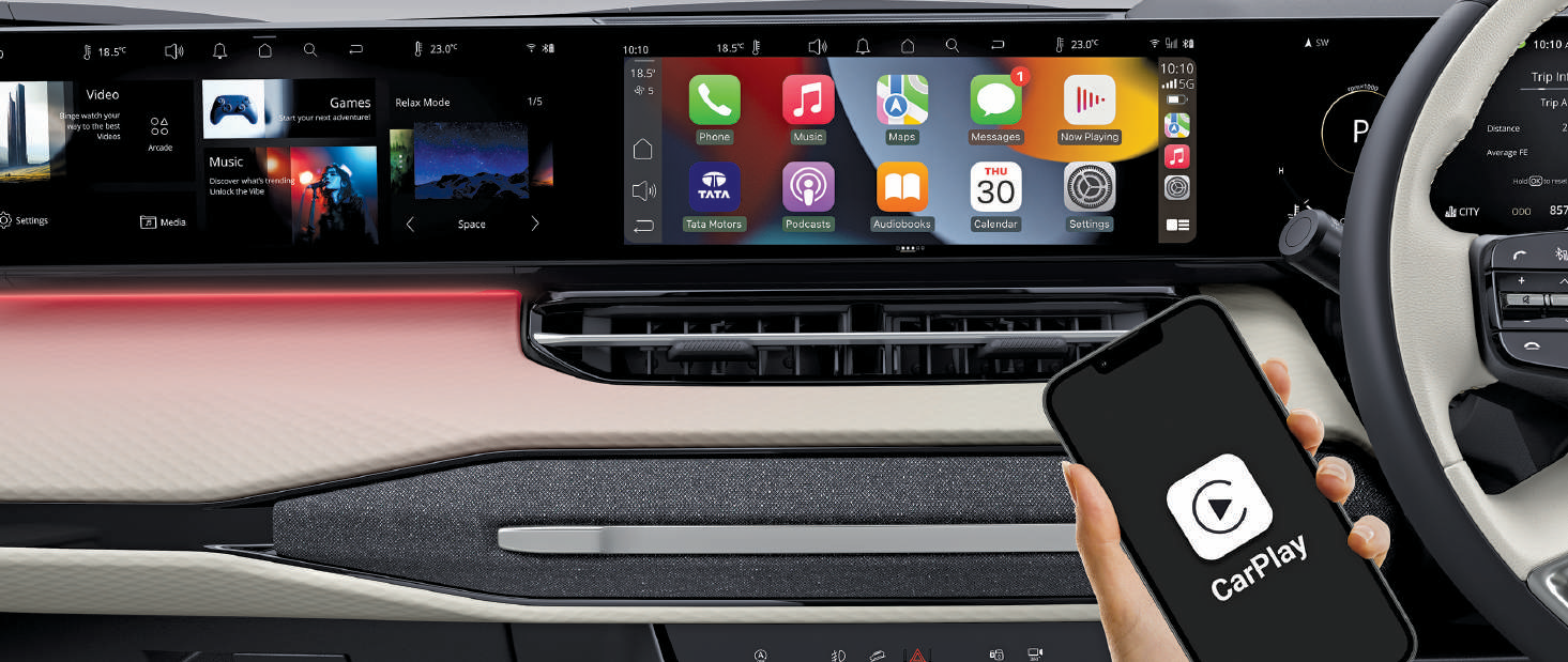 Tata Sierra — Wireless Apple CarPlay and Android Auto on the Horizon View triple-screen infotainment