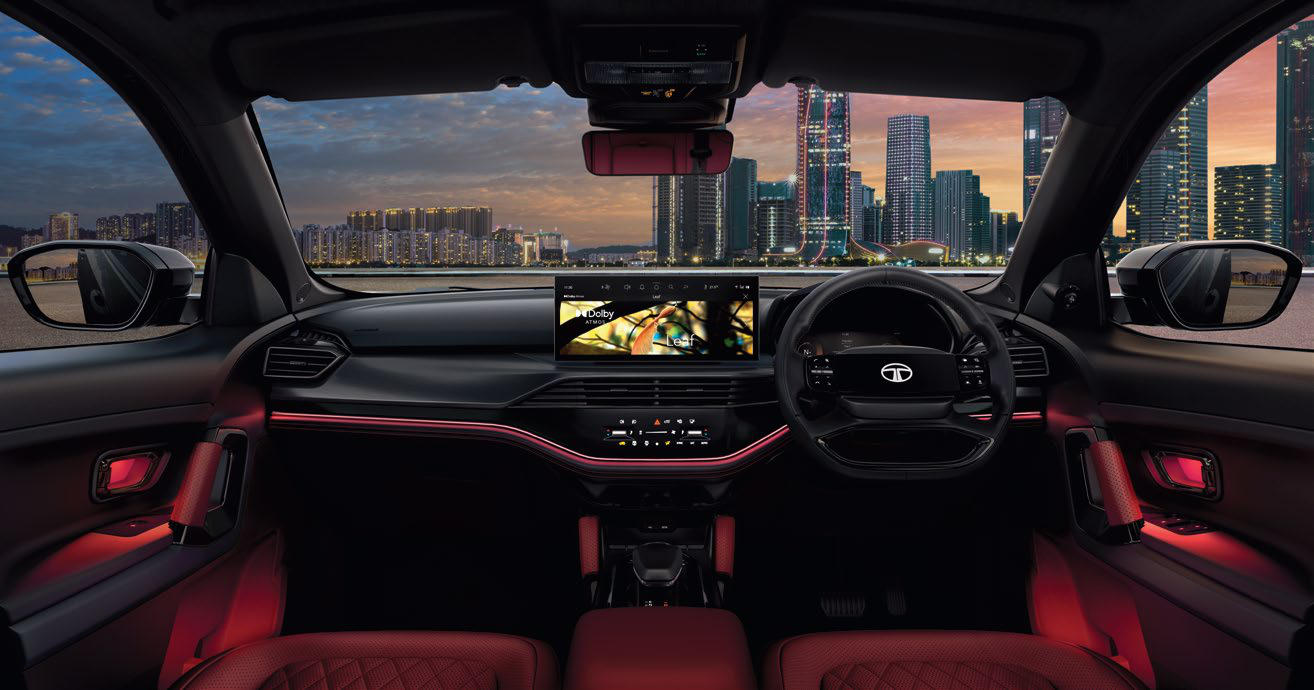 Tata Safari — #DARK edition Carnelian Red leatherette interior with red ambient lighting
