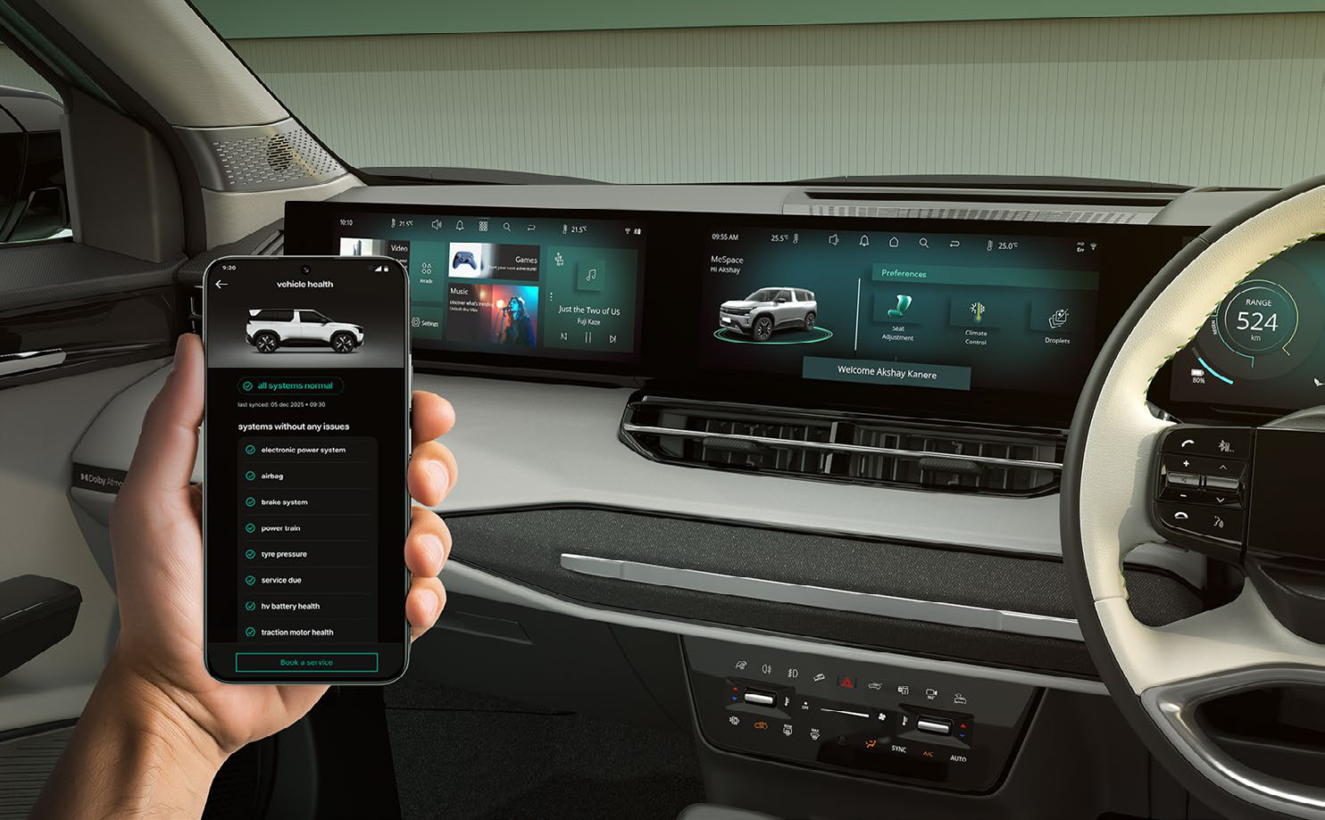 Tata Sierra EV — iRA.ev connected-car suite: vehicle health, remote lock/unlock and charging control from the smartphone app, with OTA updates