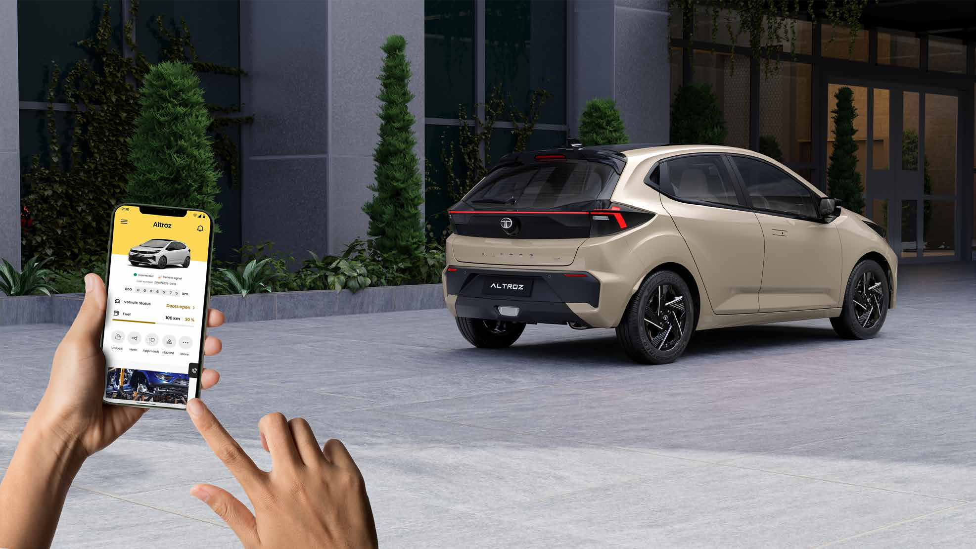 Tata Altroz — iRA connected-car app with remote lock/unlock, remote horn, remote lights and distance-to-empty check
