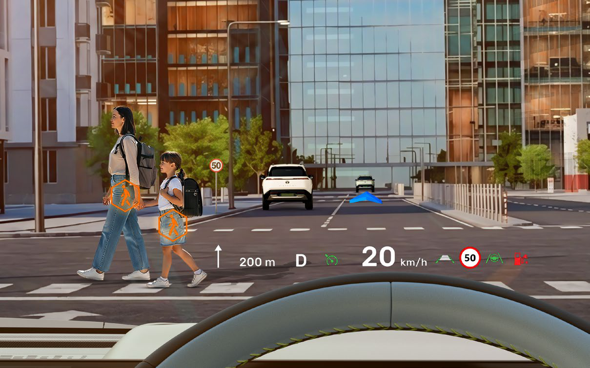 Tata Sierra EV — HypAR augmented-reality heads-up display projects 19 real-time guidance features onto the windshield