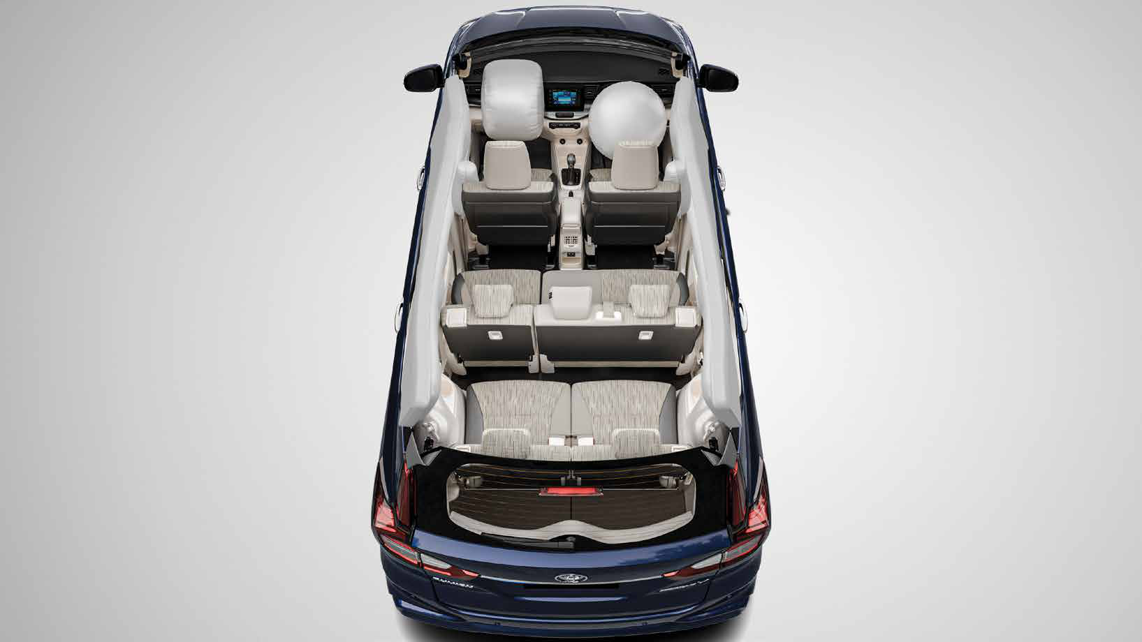 Toyota Rumion — Top-view cutaway showing 6 airbags as standard across the three-row cabin
