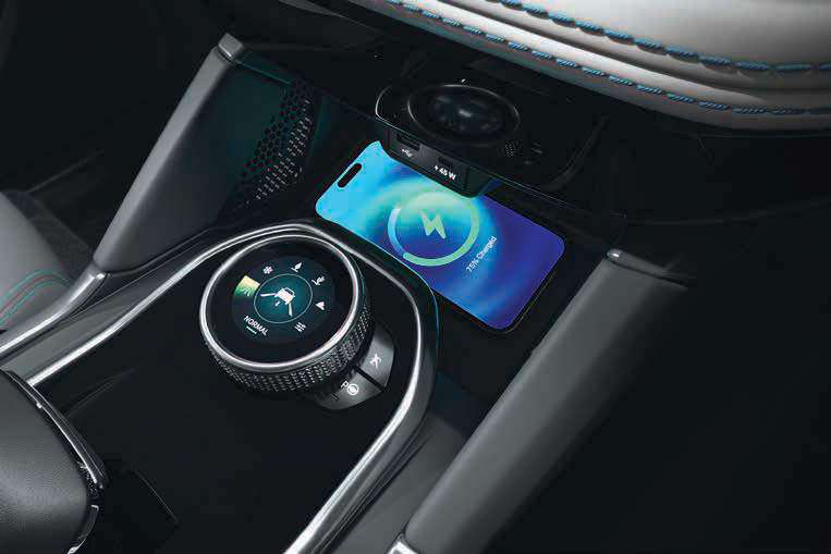 Tata Harrier EV — 45 W wireless smartphone charger sits ahead of the jewel-like terrain response dial
