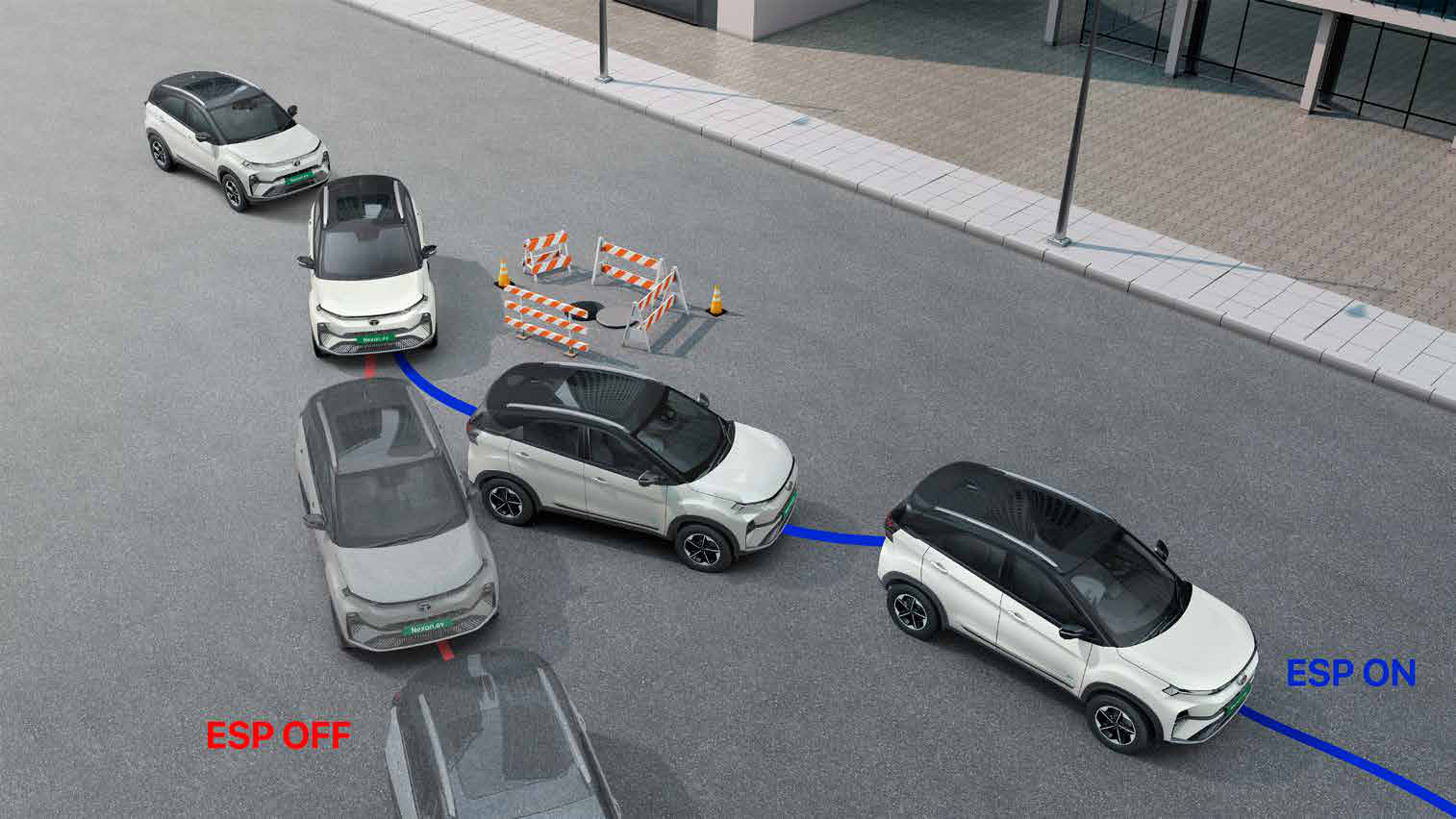 Tata Nexon EV — ESP with i-VBAC holds the intended line - ESP ON vs OFF obstacle-avoidance comparison