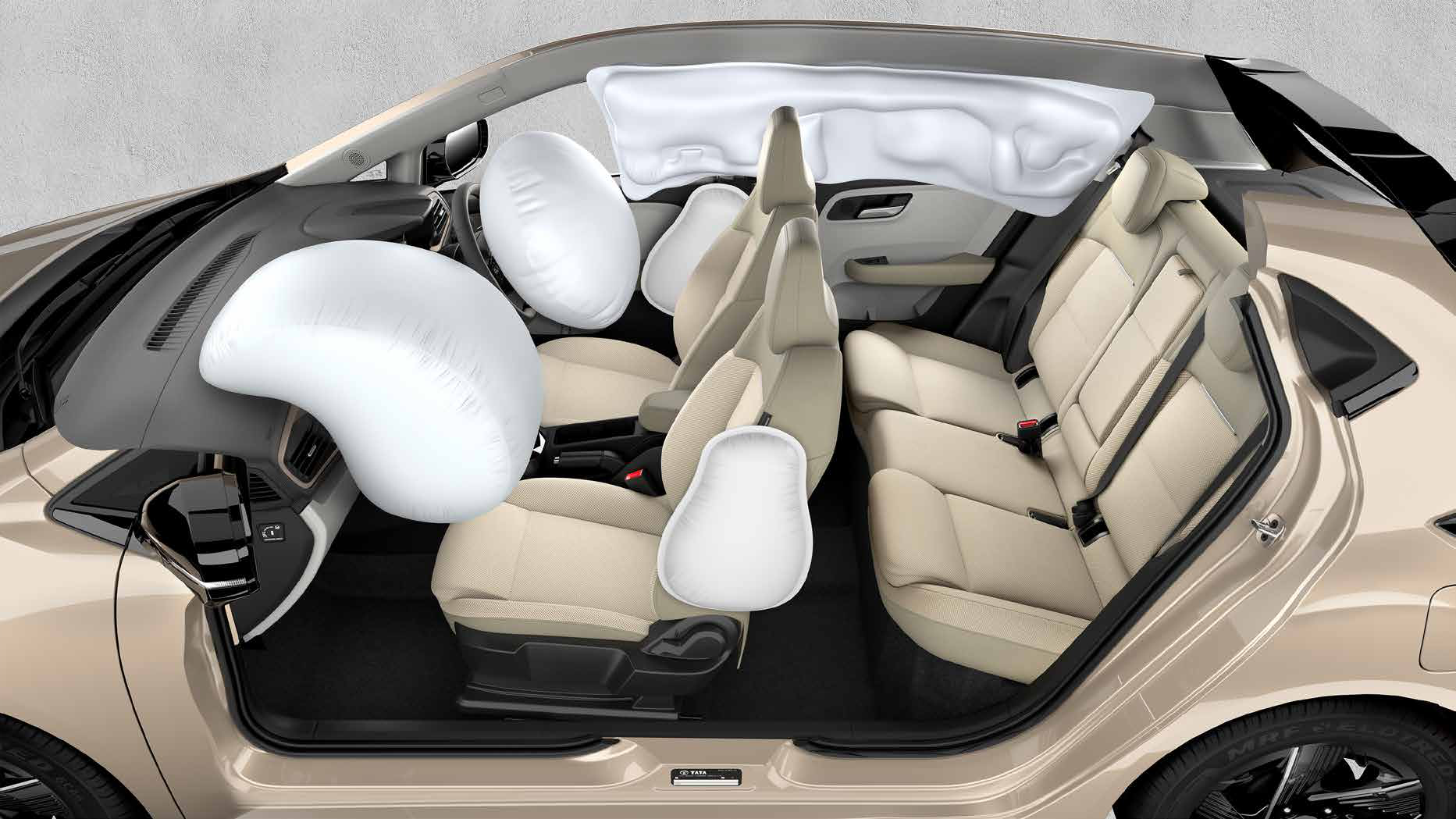 Tata Altroz — Six airbags as standard - dual front, side and curtain airbags shown deployed in the cutaway