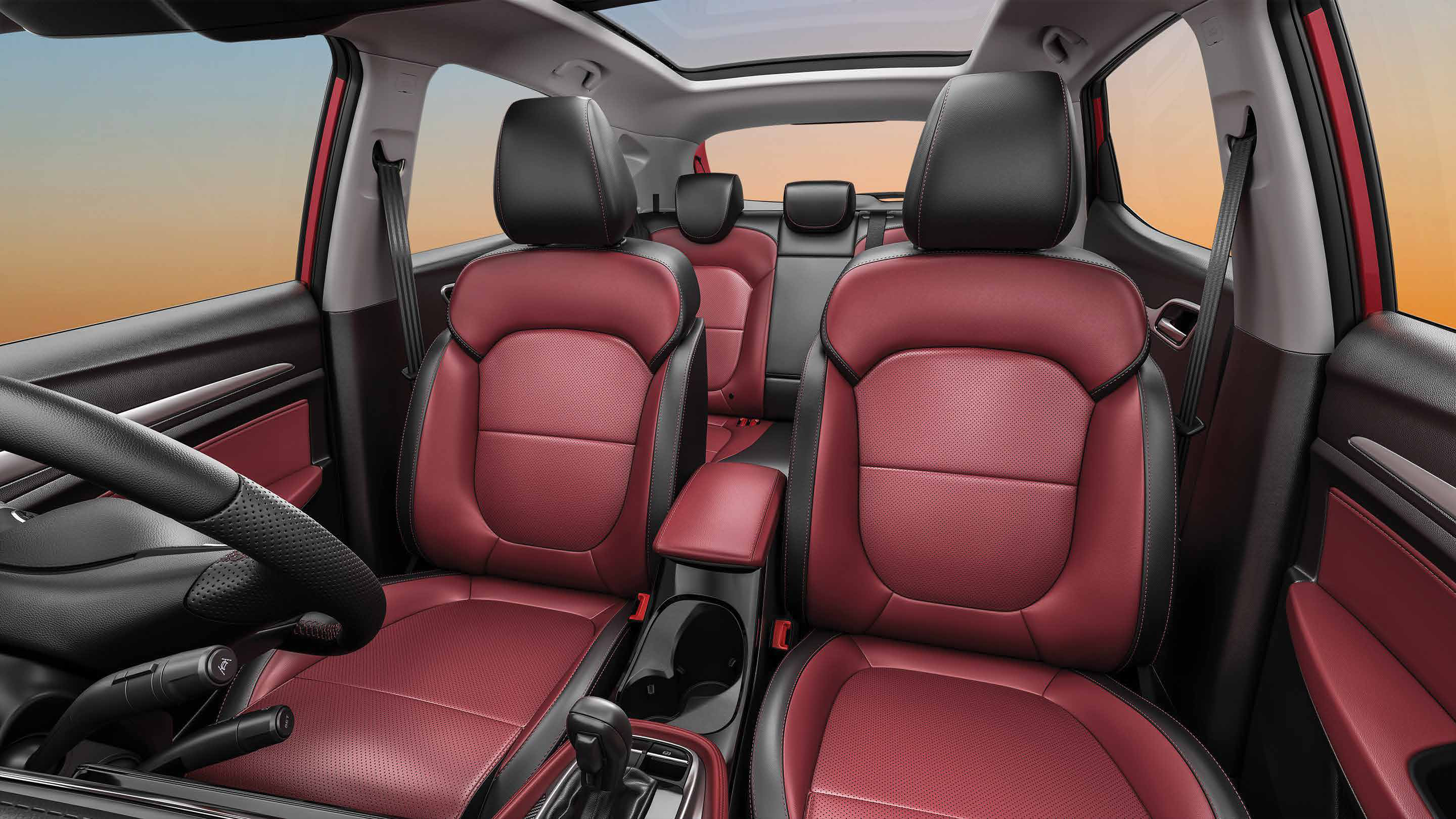 MG Astor — Dual-tone Sangria Red leather cabin with front and rear seating.