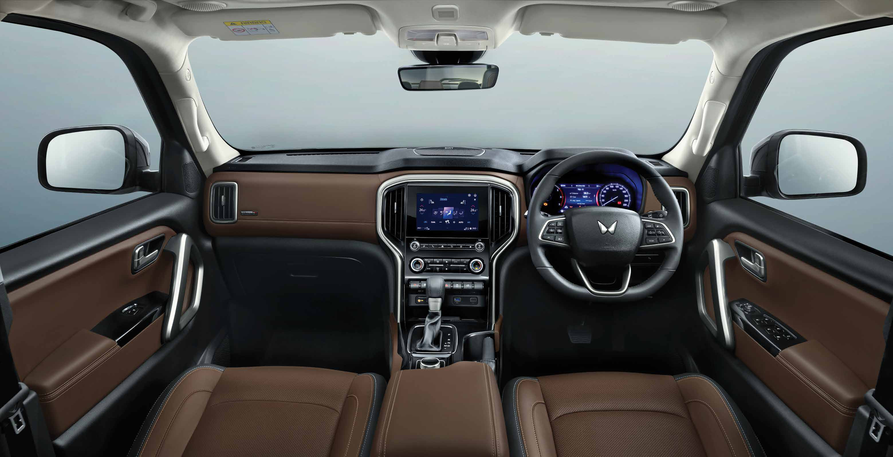 Mahindra Scorpio N — Leather-wrapped dashboard with metal-finished dual rails and 20.32 cm touchscreen