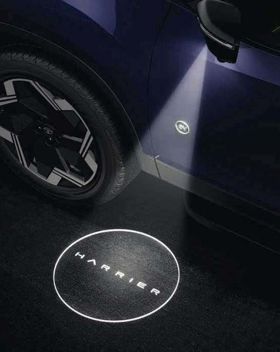 Tata Harrier EV — Logo projection puddle lamps beam a Harrier welcome graphic onto the ground
