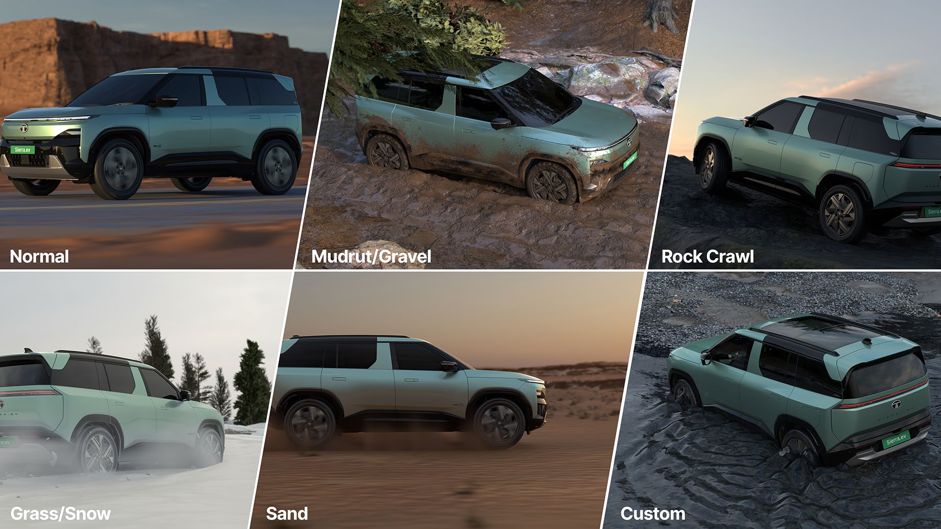 Tata Sierra EV — Six terrain response modes: Normal, Mud-rut/Gravel, Rock Crawl, Grass/Snow, Sand and Custom