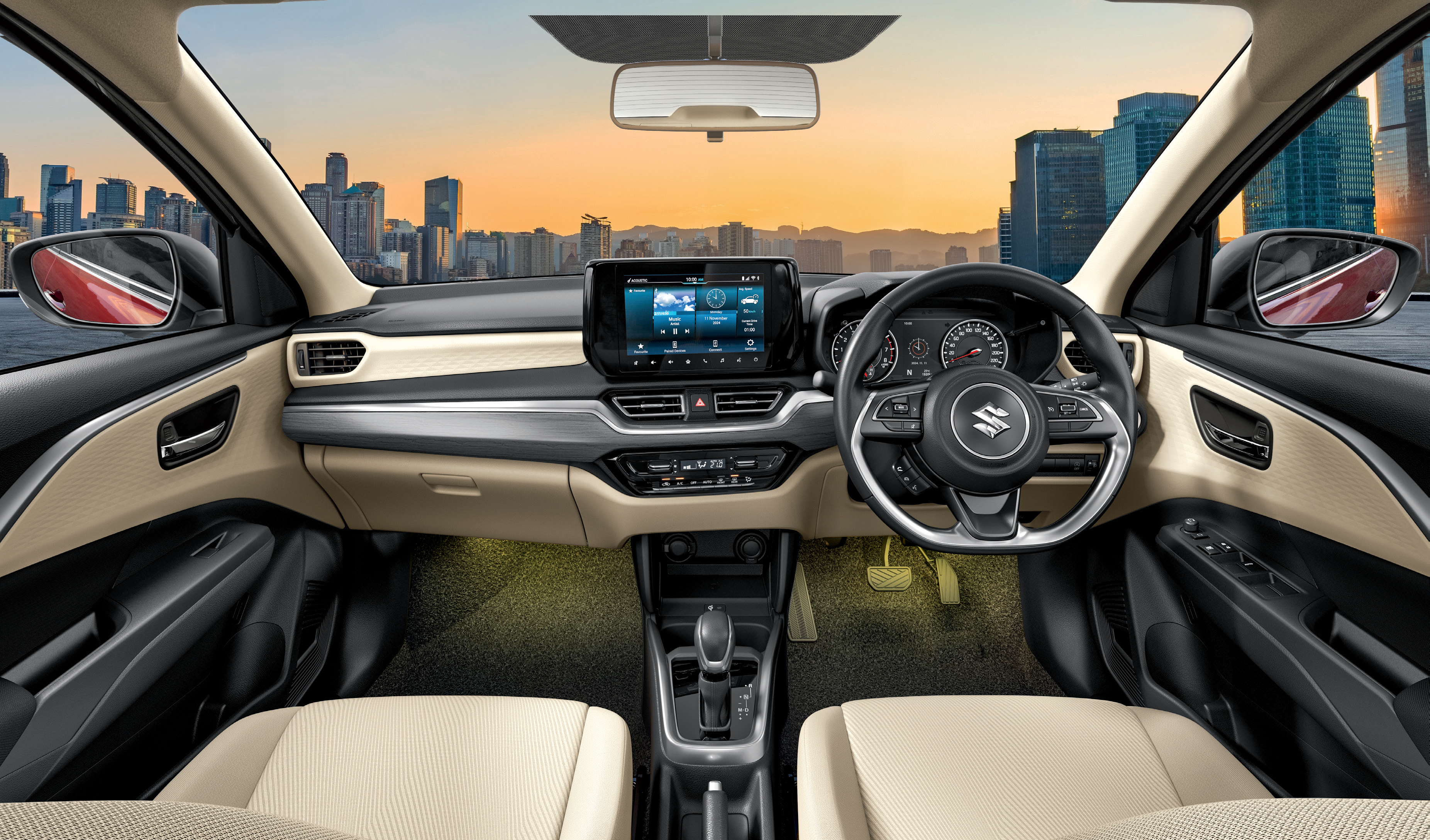 Maruti Suzuki Dzire — Dual-tone dashboard with 22.86 cm SmartPlay Pro+ touchscreen and analogue instrument cluster