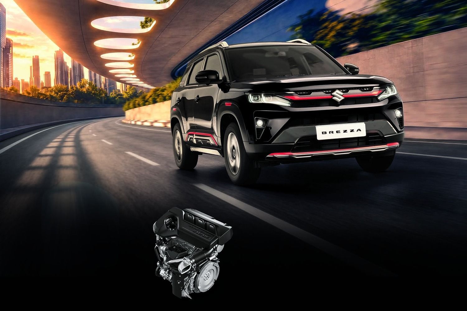 Maruti Suzuki Brezza — Bold SUV stance with dark chrome detailing and red skid-plate accents.