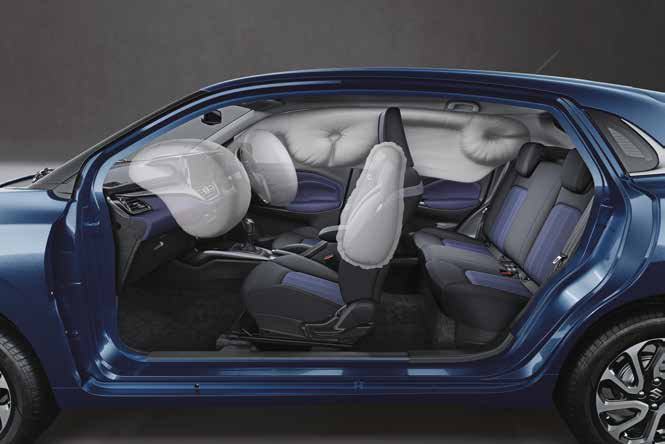 Maruti Suzuki Baleno — 6 airbags as standard - front, side and curtain airbags shown deployed in the cabin.
