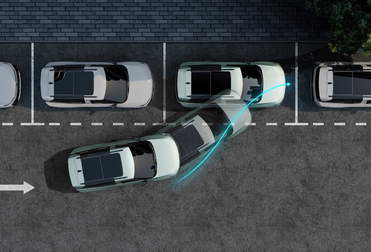 Tata Sierra EV — e-Valet Auto Park Assist can park, summon and retrace its path - shown steering itself out of a parallel slot
