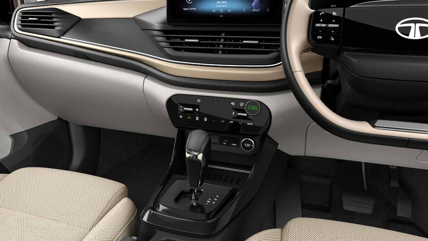 Tata Altroz — AMT in CNG - the console CNG mode switch pairs automatic shifting with iCNG running costs