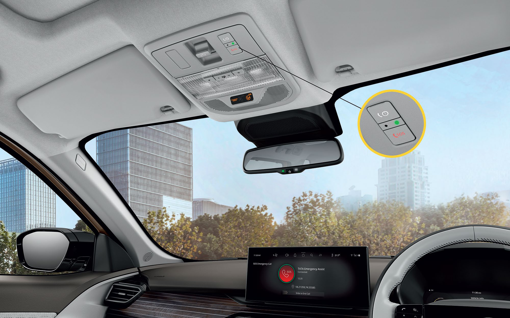 Tata Safari — Emergency Call (E-Call) and Breakdown Call (B-Call) via roof-console SOS buttons
