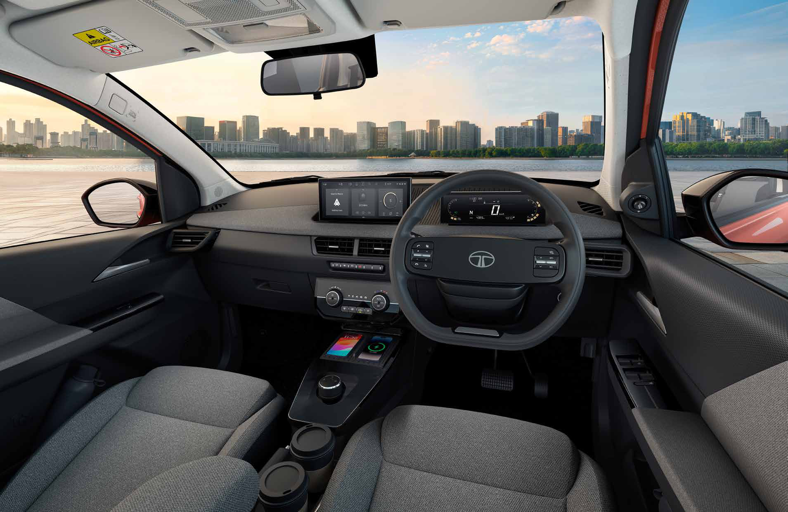 Tata Tiago — Fabricia Luxe fabric-wrapped dashboard with SportLuxe steering wheel and floating touchscreen