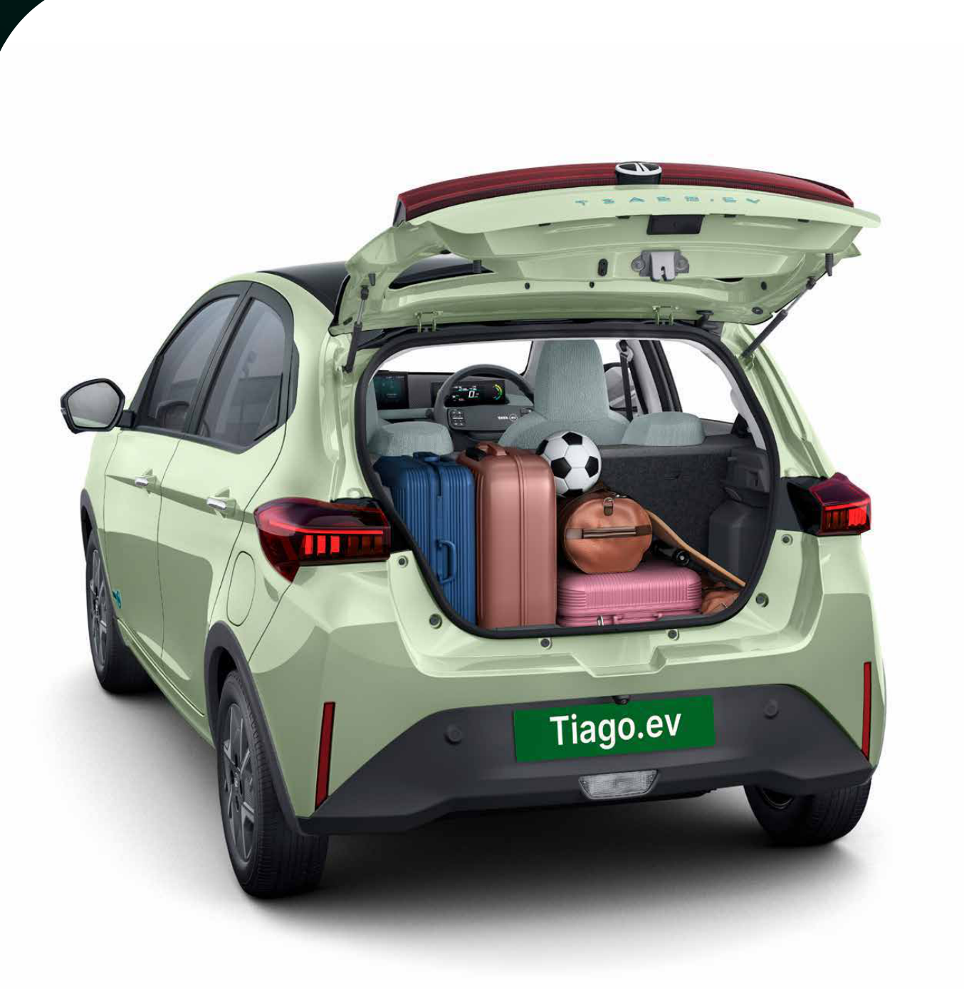 Tata Tiago EV — 240L+ boot space accessed via a wide-opening tailgate
