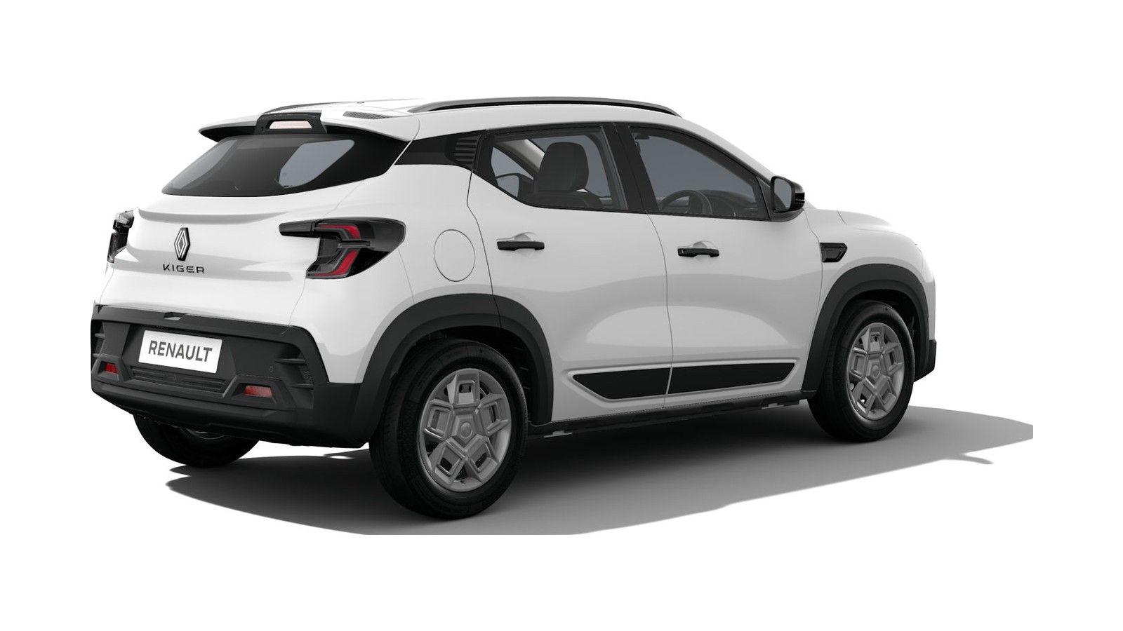 White Renault Kiger compact SUV shown from rear three-quarter angle.