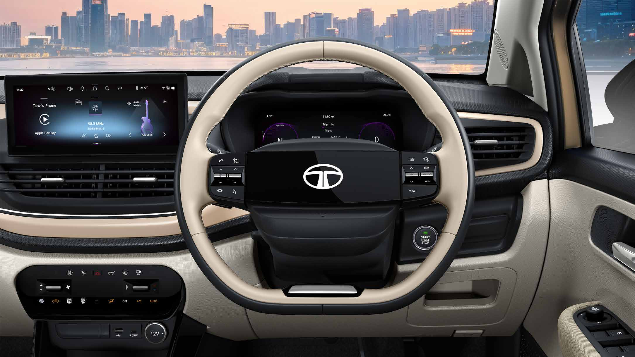 Tata Altroz — 26.03 cm HD touchscreen by Harman with wireless Apple CarPlay, digital cluster and the two-spoke Smart Digital Steering Wheel