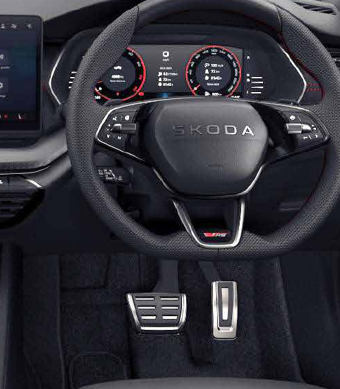 Skoda Octavia RS — Three-spoke perforated-leather RS multifunction steering wheel with paddle shifters.